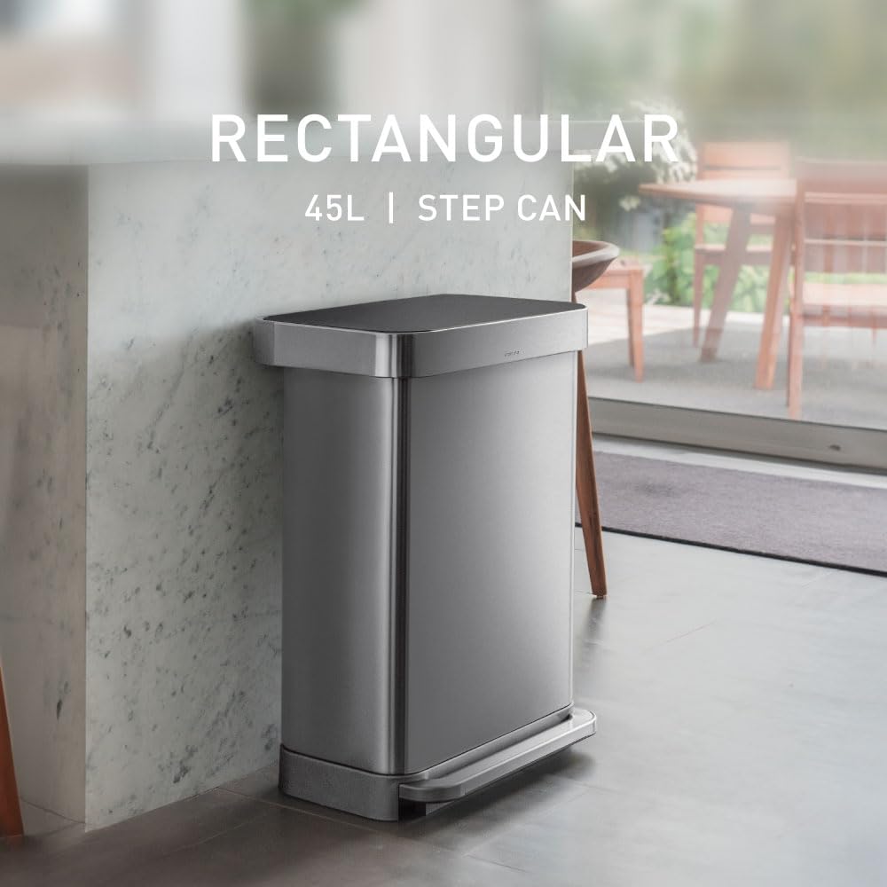 simplehuman 45 Liter / 12 Gallon Liter Rectangular Hands-Free Kitchen Step Trash Can with Soft-Close Lid, Brushed Stainless Steel with Plastic Lid