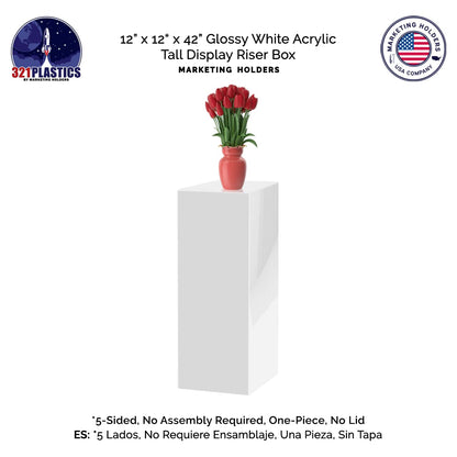 Acrylic Display Riser Box White Tall Acrylic Cube Pedestal Art Sculpture 12" x 12" x 42" No Lid One Piece Box Throne Pillar Stand Hollow Flower Tower for Weddings by Marketing Holders