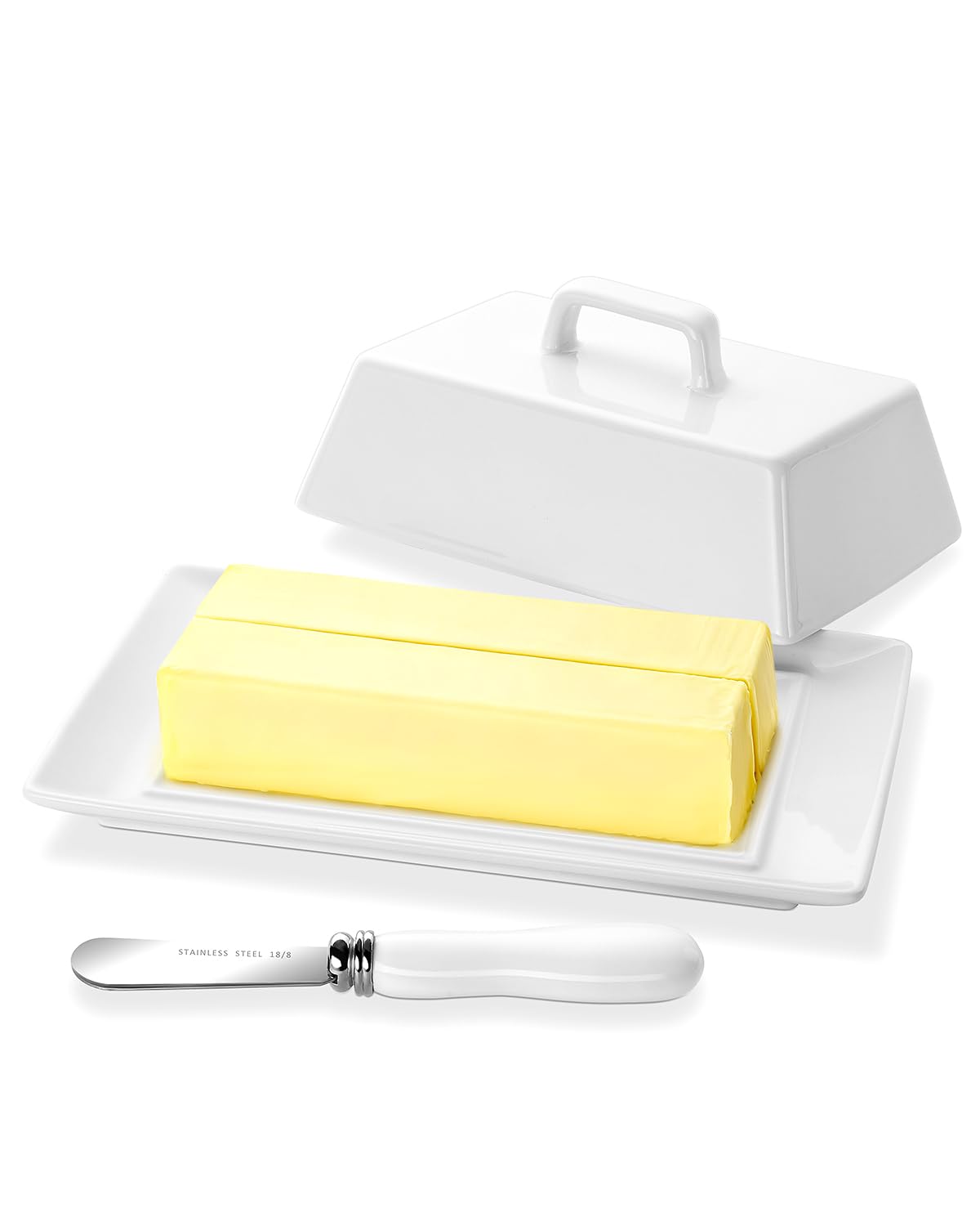 Yedio Large Butter Dish with Lid for Countertop, Porcelain Butter Keeper with Cover and Knife, Butter Holder Tray for 2 Sticks East Coast/West Coast/European Style Butter