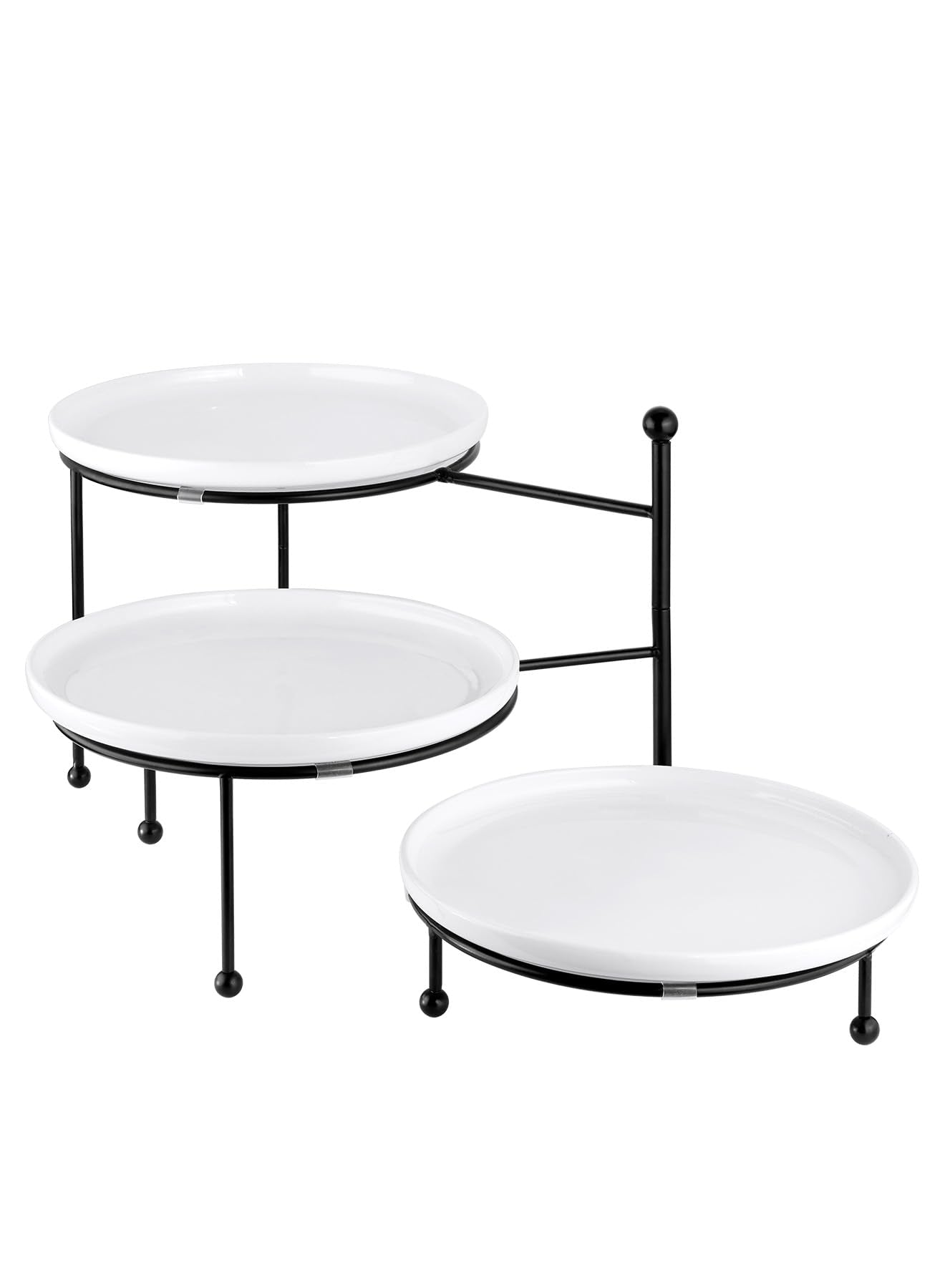 Yedio 3 Tiered Serving Stand with White Porcelain Plates, 10" Round Tray, Dessert Table Display Set, Round Dishes with Black Metal Display Stand for Veggie, Fruit, Cookies, Black
