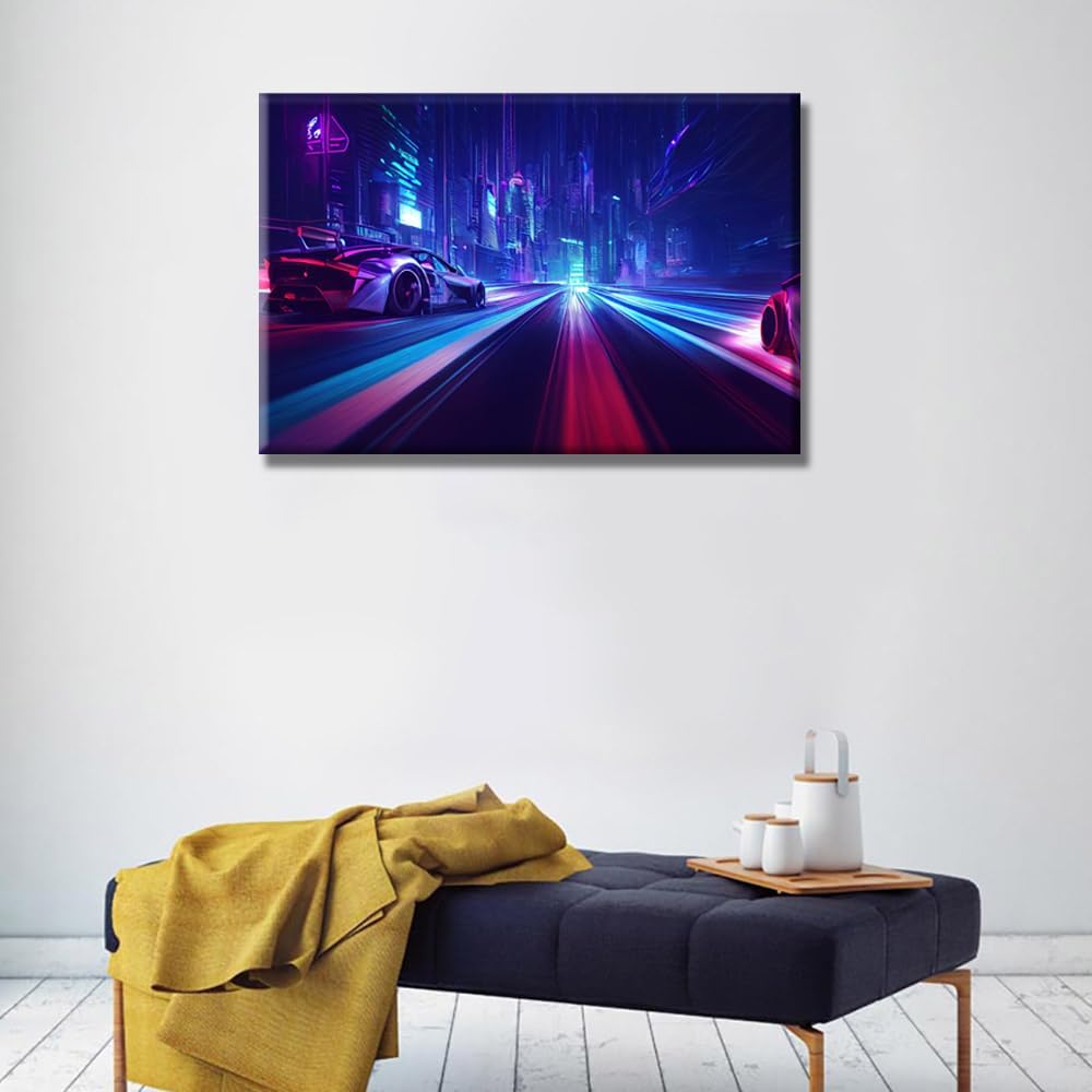 LSIUHWUWI Cyberpunk Style Pictures, Neon Streetview Night Paintings, Canvas Wall Art, 16X24 INCH Ready to Hang