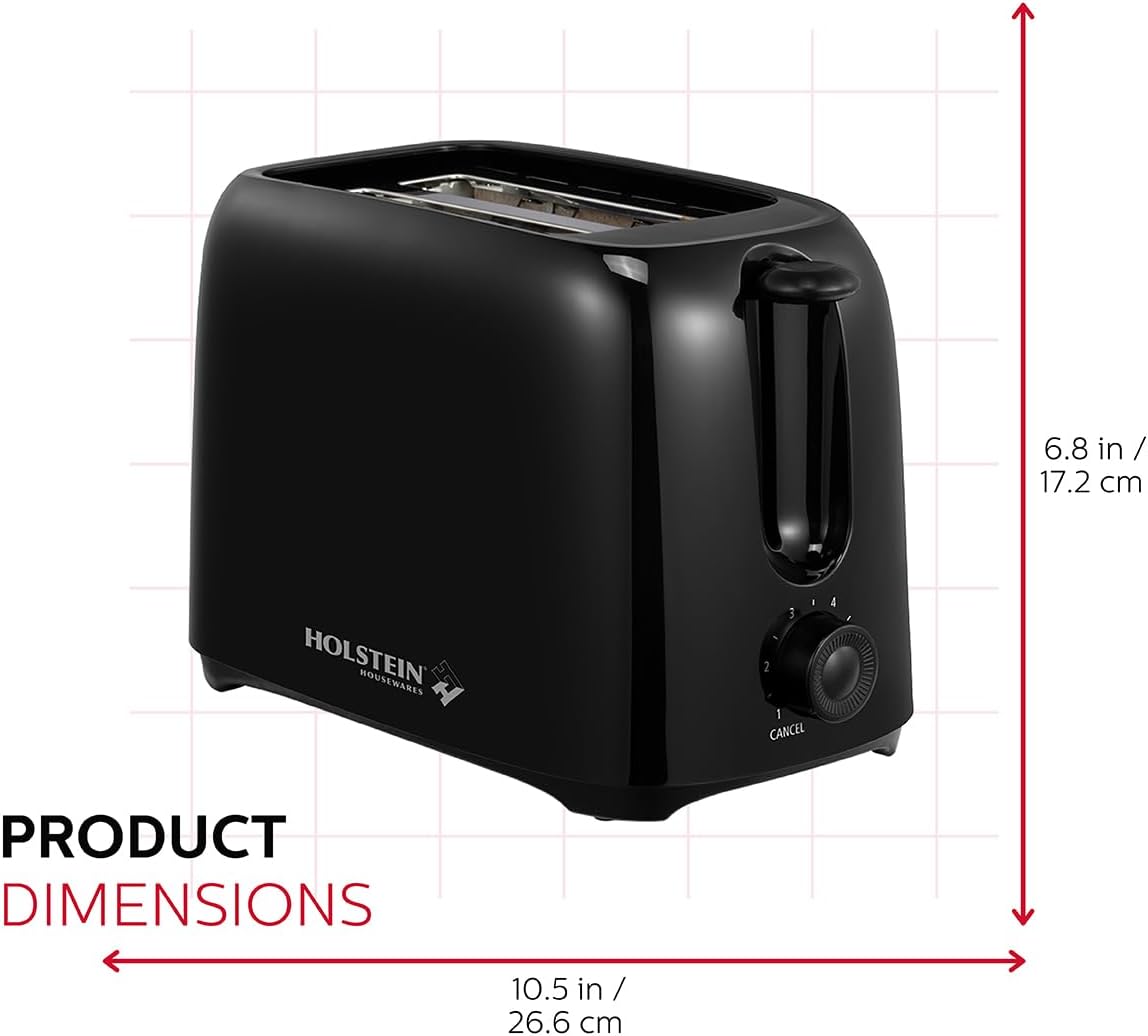 Holstein Housewares 2-Slice Toaster with 6 Browning Control Settings, Black, for Toasting Bread and Bagels