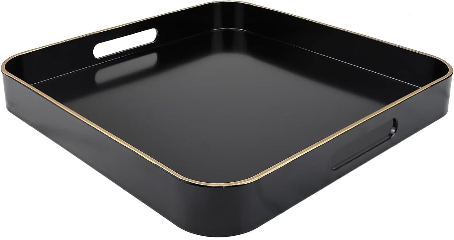 13"*13" Black Square Decorative Tray with Handles, Versatile Serving Tray for Coffee Table, Ottoman, Ideal for Serving