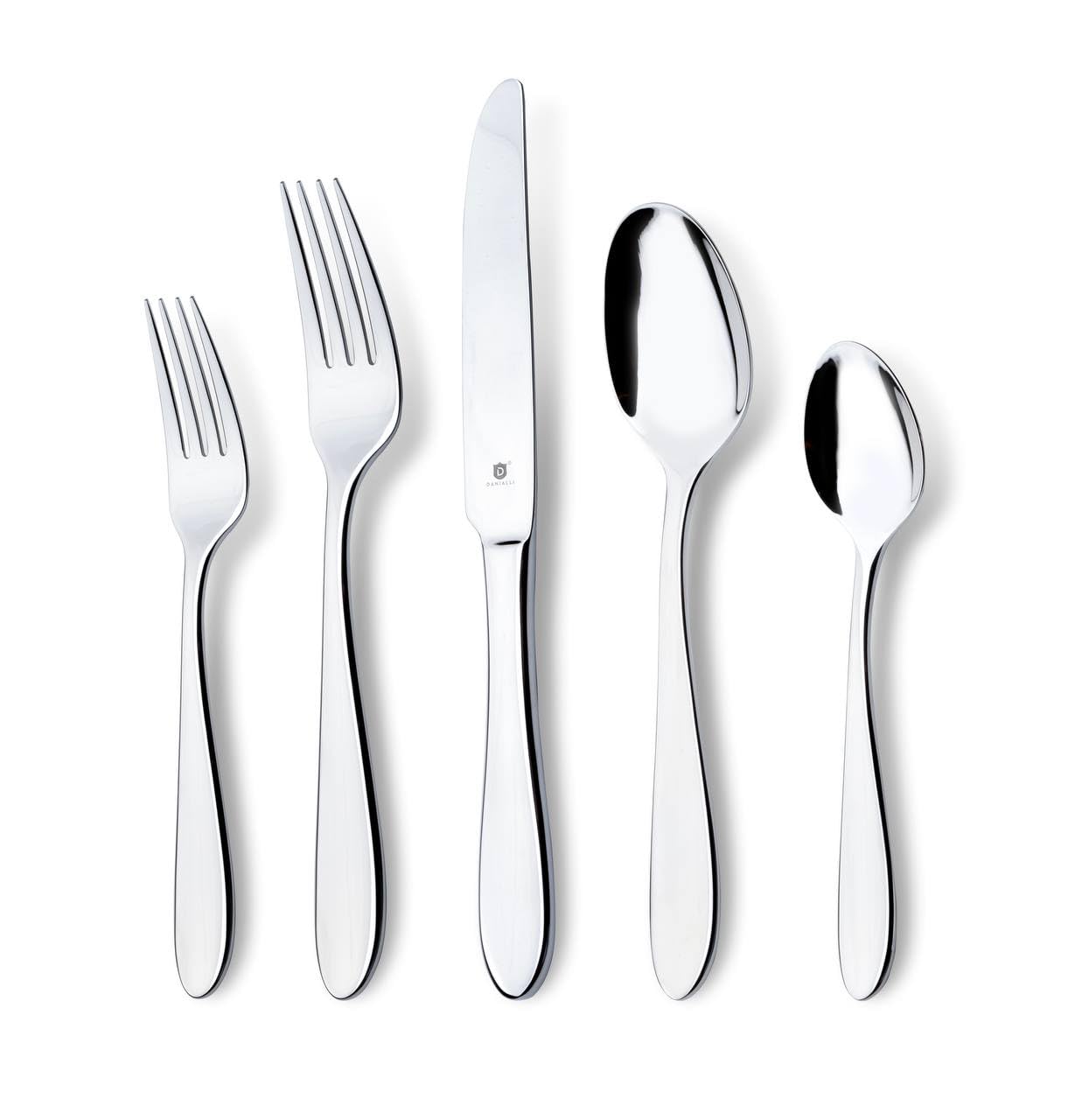 Danialli Modern Silverware Set, 18/10 Stainless Steel Flatware, Mirror Finish, Dishwasher Safe, Elegant Cutlery for Home and Dining, Built to Last (60-Piece, Razzoli)