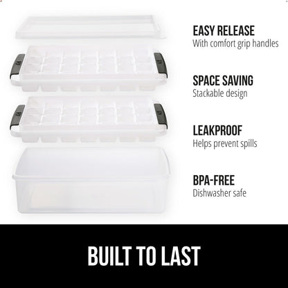 GORILLA GRIP BPA-Free Easy Release Ice Cube Tray for Freezer, Make Lots of Ice, 56 Cubes Total, Kit Includes 2 Stackable Leakproof Trays with Lid and Soft Handle Grips, Scooper, Bin, For Coffee, Black