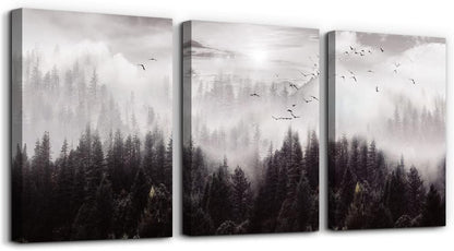 Framed Canvas Wall Art for Living Room, Boho Wall Decor, Foggy Forest Trees Paintings, 3 Pieces Scenery Wall Pictures