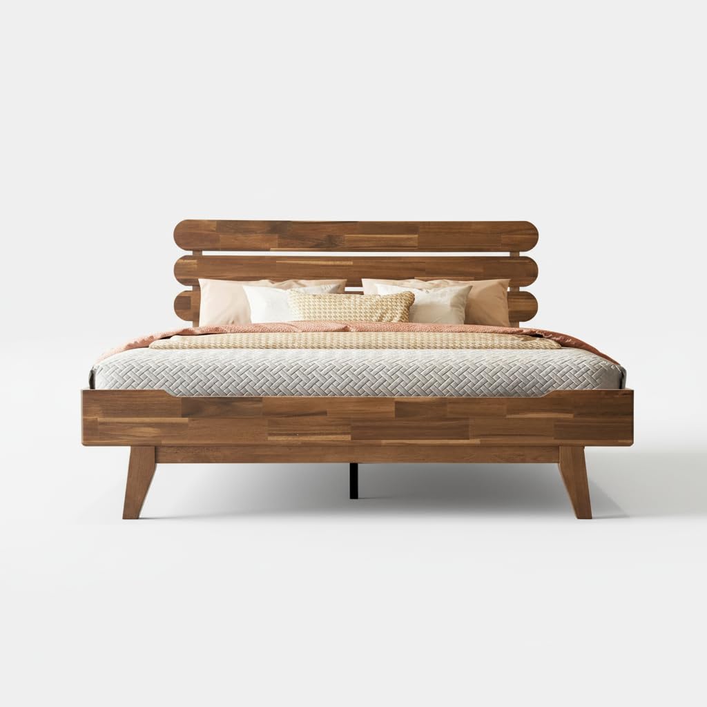 Full Size Solid Wood Platform Bed Frame, Headboard & Footboard, 12 Heavy-Duty Slatted Base, Center Metal Legs, Easy Assembly, No Box Spring Needed, Anti-Slip & Noise-Free, Walnut Finish OZF-37