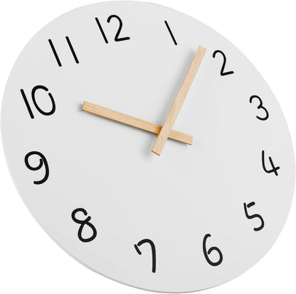 Plumeet 10'' Wooden Wall Clock (White) Small Frameless Clocks with Silent Quartz Movement, Battery Operated