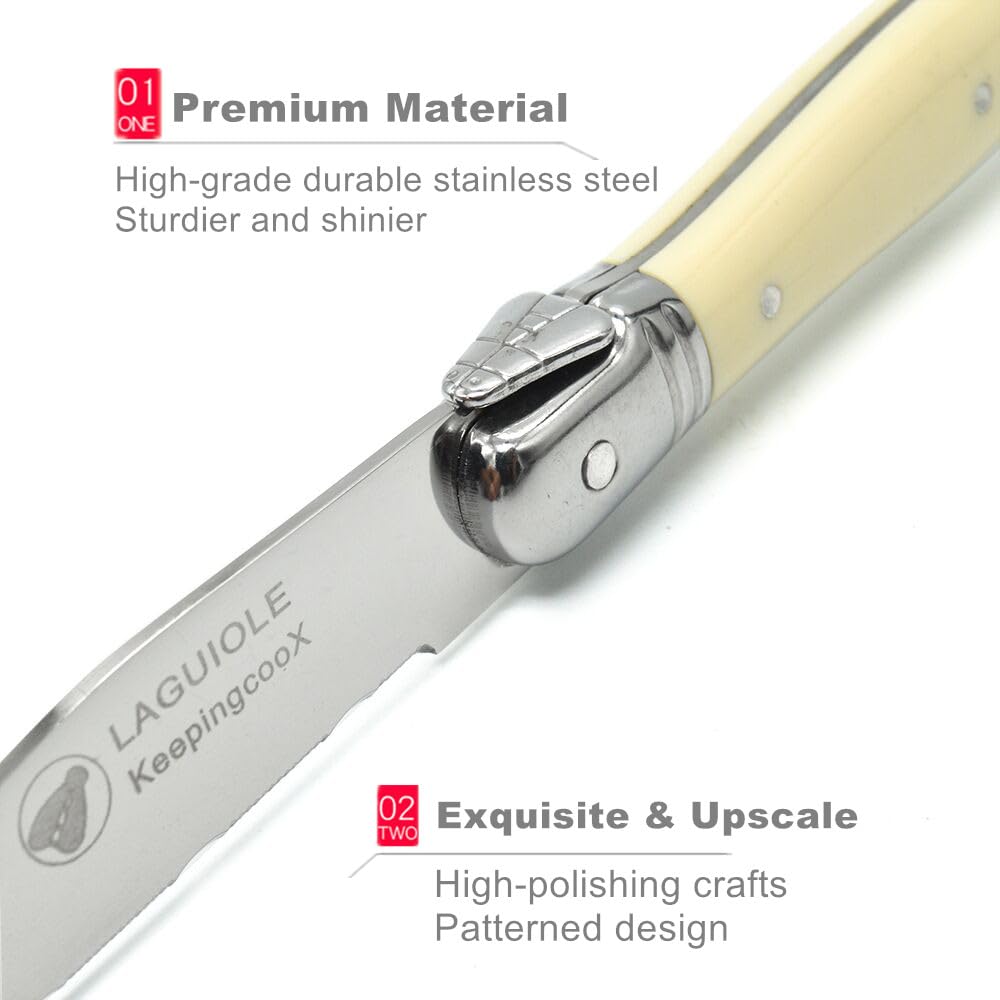 KeepingcooX® Laguiol-style Steak Knife, Ivory Handle, Serrated Blade, Stainless Steel Dinnerware/Tableware/Flatware/Cutlery Set of 6, Gift Box, Reputable Global Manufacturer with Certificate