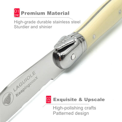 KeepingcooX® Laguiol-style Steak Knife, Ivory Handle, Serrated Blade, Stainless Steel Dinnerware/Tableware/Flatware/Cutlery Set of 6, Gift Box, Reputable Global Manufacturer with Certificate