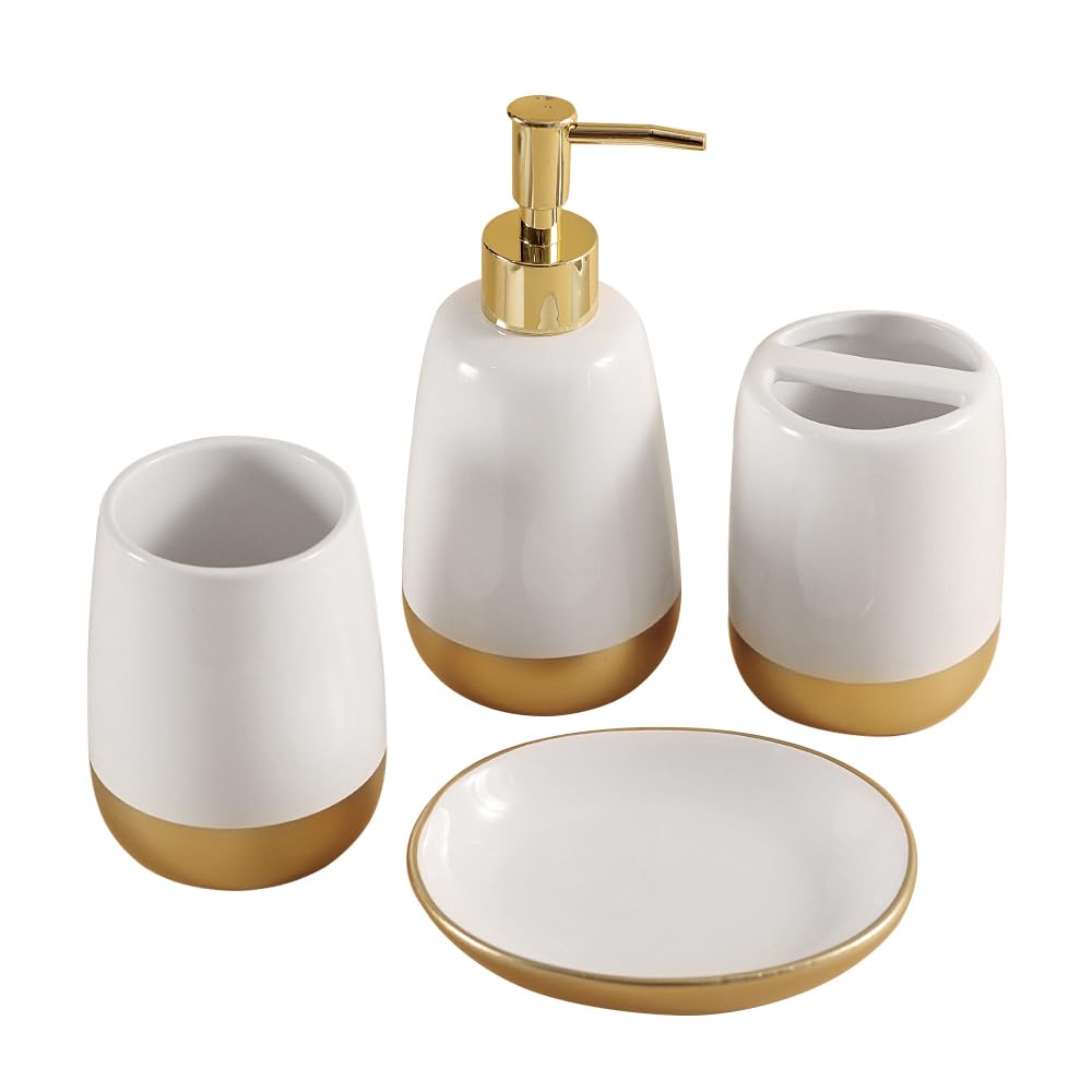 Elegant White with Gold Bathroom accesory Set 4pc,Toothbrush Holder soap Dispenser soap Dish Tumbler Cup for Bathroom Decor Morden Style (White 2)