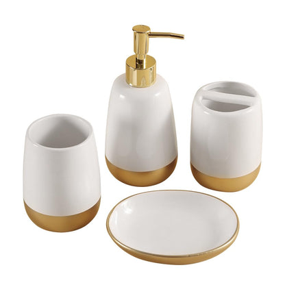 Elegant White with Gold Bathroom accesory Set 4pc,Toothbrush Holder soap Dispenser soap Dish Tumbler Cup for Bathroom Decor Morden Style (White 2)