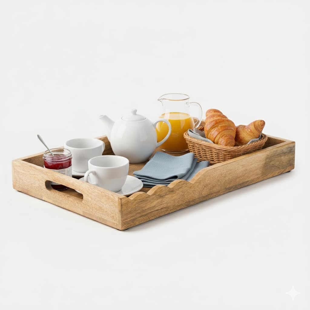 15x10x1.75 inch Mela Artisans Wooden Serving Tray with Handles | | Mango Wood Decorative Tray| Ottoman Tray | Snacks |