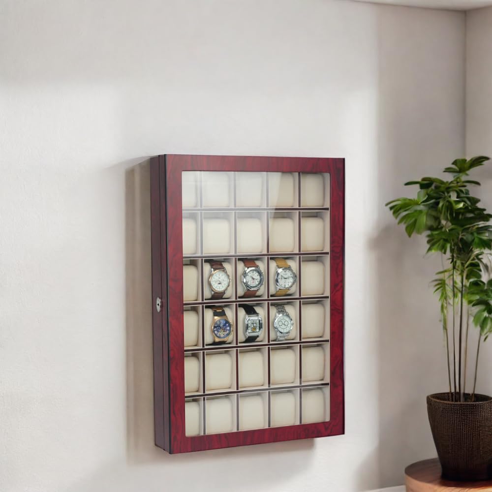 TIMELYBUYS 30 Piece Cherry Wood Watch Display Wall Hanging Case and Storage Organizer Box and Stand Father's Day