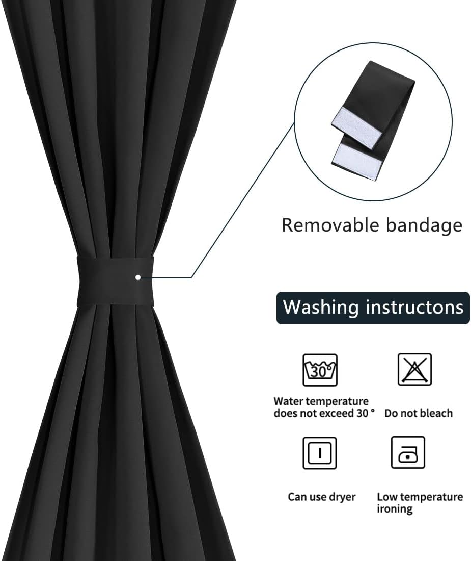 PiccoCasa Blackout French Door Curtain Panel - Solid Blackout Door Curtain Drapery with Tiebacks - 1 Panel Black W25 x
