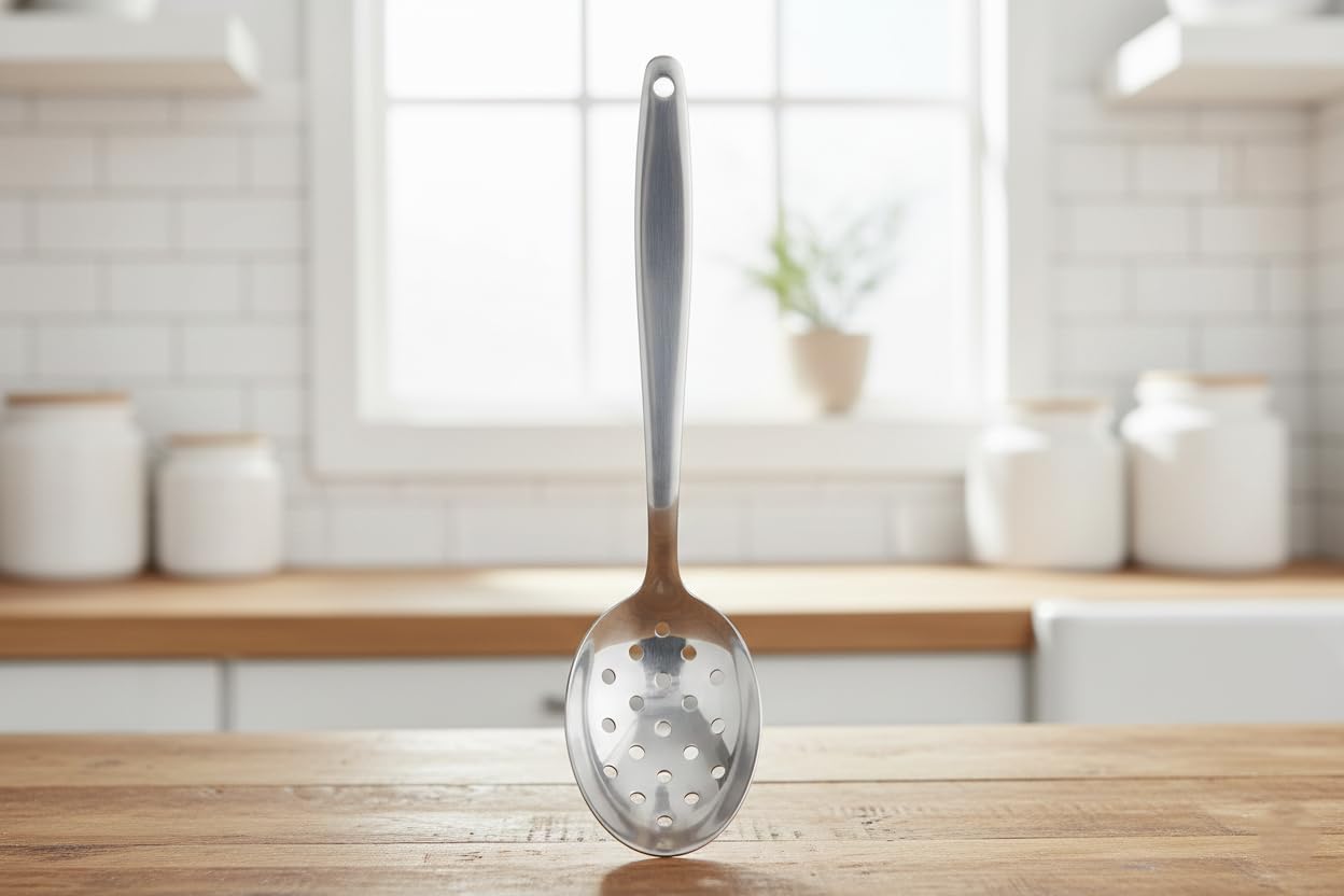 BNAZIND 8 Inch Kunz Spoon Perforated - Small | 18/10 Stainless Steel Silver Chef Spoon for Draining, Plating & Serving & Professional Kitchen Use, Dishwasher Safe