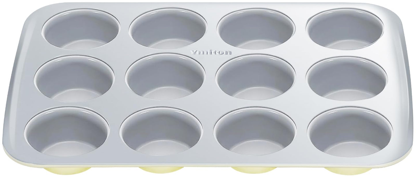 Ymiton Nonstick Ceramic 12 Cup Muffin Pan, Cupcake Pan for Baking, Non-Toxic Muffin tin, Ceramic Coating, PTFE & PFOA Free, Oven Safe 550°F, Aluminized Steel (Yellow)