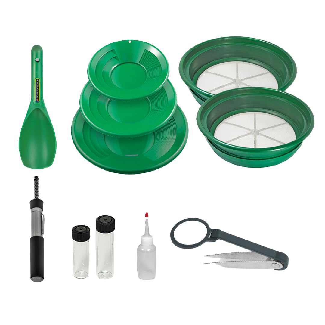 SE 11-Piece Gold Panning Kit - Complete Prospecting Set with Pans, Sieves, Tweezers, Glass Bottles, Sand Magnet, and More - Ideal for Beginners and Enthusiasts - GP5-KIT111
