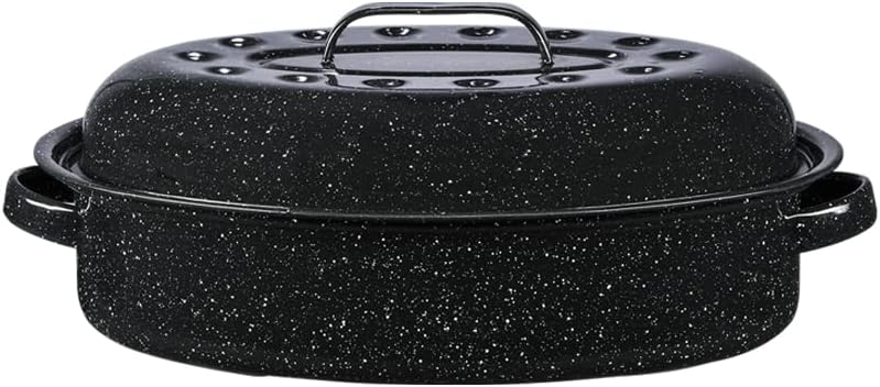 Granite Ware 15-Inch Covered Oval Roaster, 10 Lb Capacity, Enamel Steel Cookware, Dishwasher Safe, Speckled Black