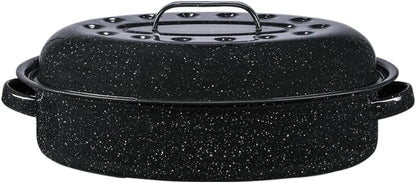 Granite Ware 15-Inch Covered Oval Roaster, 10 Lb Capacity, Enamel Steel Cookware, Dishwasher Safe, Speckled Black