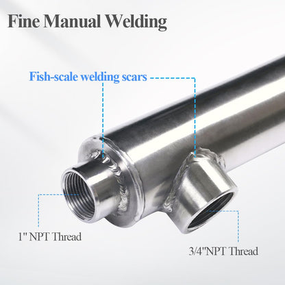 WiseWater 38'' Side Arm Heat Exchanger Single Wall Fin Heat Exchanger Fin-Enhanced Stainless Steel 304 1"FNPT Water Heater and 3/4" FNPT Cold Water 23,000 Btu/hr
