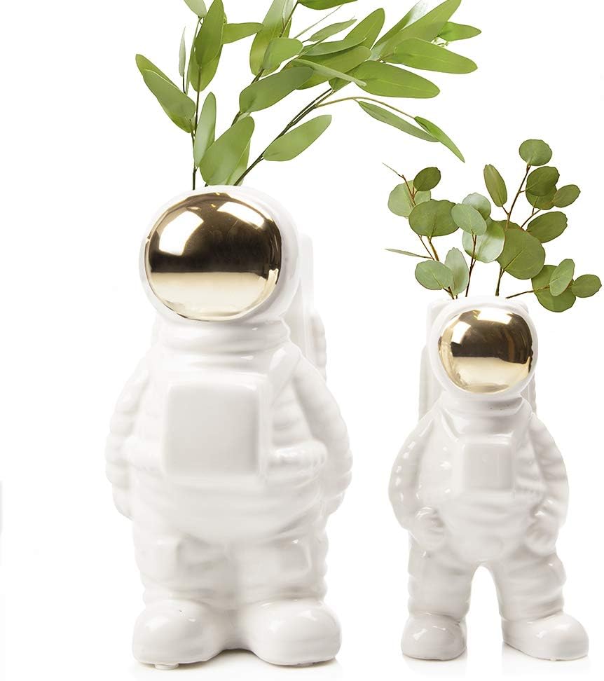 CHIVE - Astronaut Shape Vase, Simple Modern Flower Bud Planter, White and Gold (Medium)