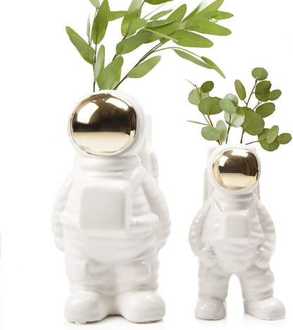 CHIVE - Astronaut Shape Vase, Simple Modern Flower Bud Planter, White and Gold (Medium)
