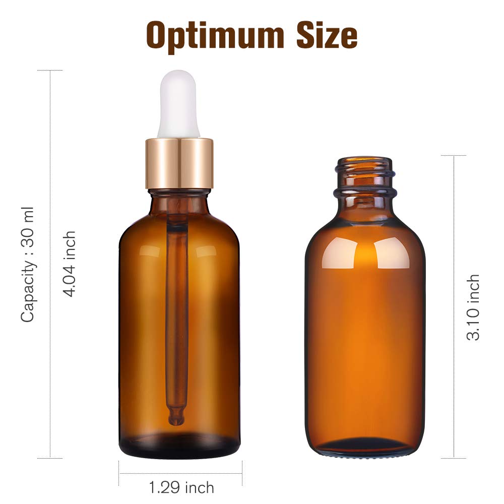 PrettyCare 1oz Glass Dropper Bottle Set of 24, Thick Amber Empty Bottles with Leakproof Golden Caps, Labels, Funnels - 30ml Eye Dropper Bottles for Storage, Essential Oils, Tincture