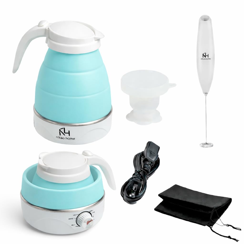 Nikao Home Foldable Electric Kettle With Milk Frother and Foldable Cup – Travel kettle, Portable Tea Kettle for Travel, Mini Collapsible Water Warmer, Compact Design and Quick Heating. (Aqua Blue)
