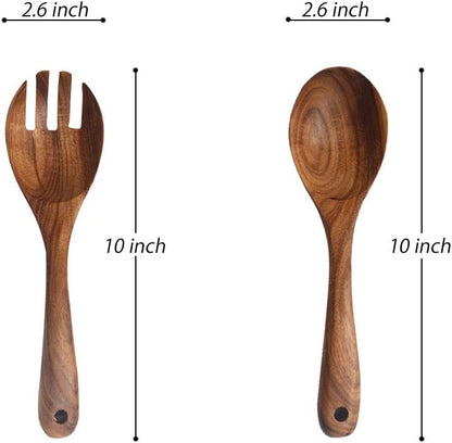 Wooden Salad Server Set of 2, 10-Inch Acacia Stirring Spoon Utensils for Serving Salad