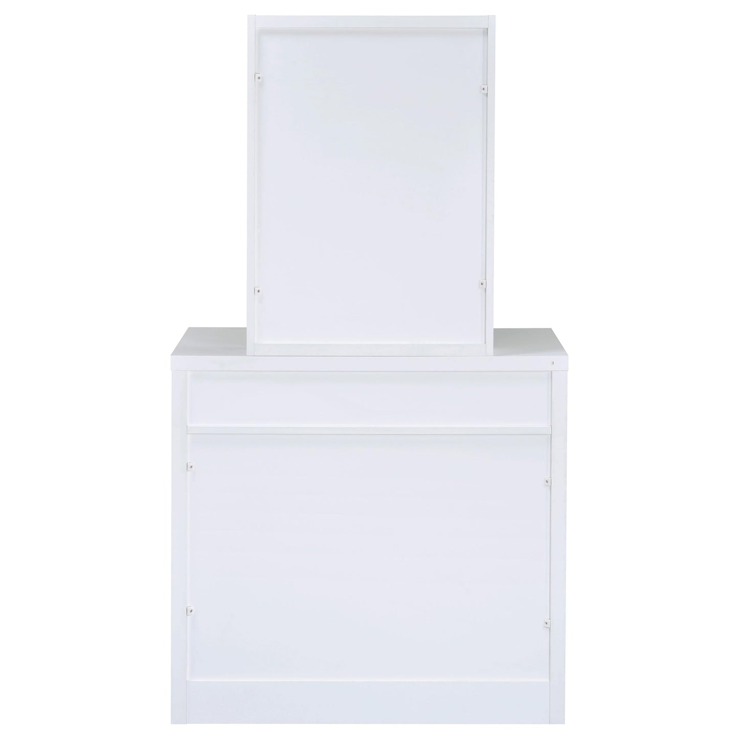 Coaster Home Furnishings Harvey Contemporary 3-Piece 1-Drawer Makeup Vanity Desk with Jewelry Storage Vanity Mirror and White Faux Leather Upholstered Storage Vanity Stool White 300290