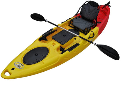 BKC UH-RA220 11.5 Foot Angler Sit On Top Fishing Kayak with Paddles and Upright Chair and Rudder System Included (Blue CAMO) (Red Yellow)