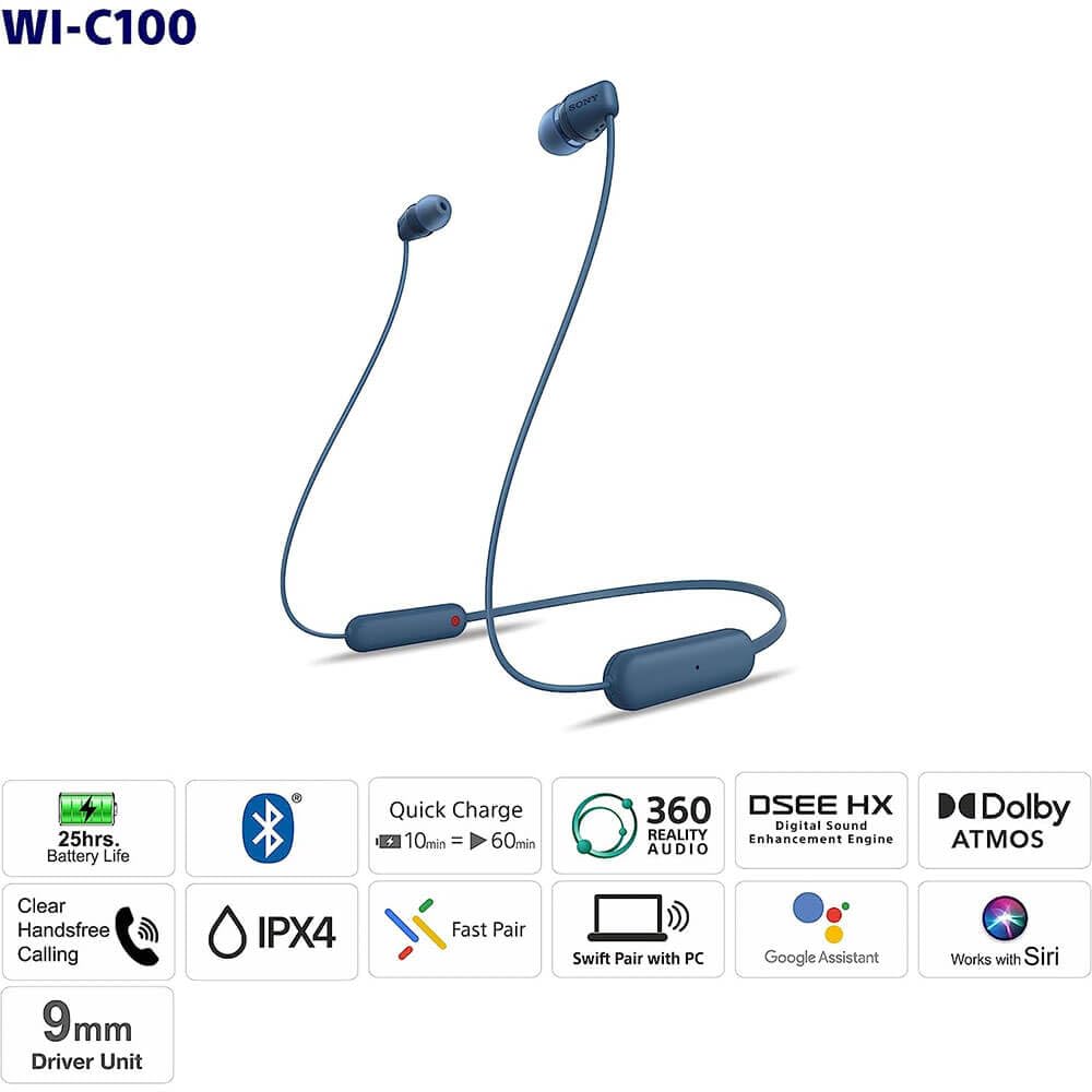 Sony WI-C100 Wireless in-Ear Bluetooth Headphones with Built-in Microphone, White