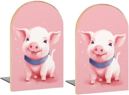 1 Pair/2 Pieces(5x3.1 Cute Pink Pig Book Ends Decorative Wood Bookends for Shelves Kids Room Desk Home Office Book