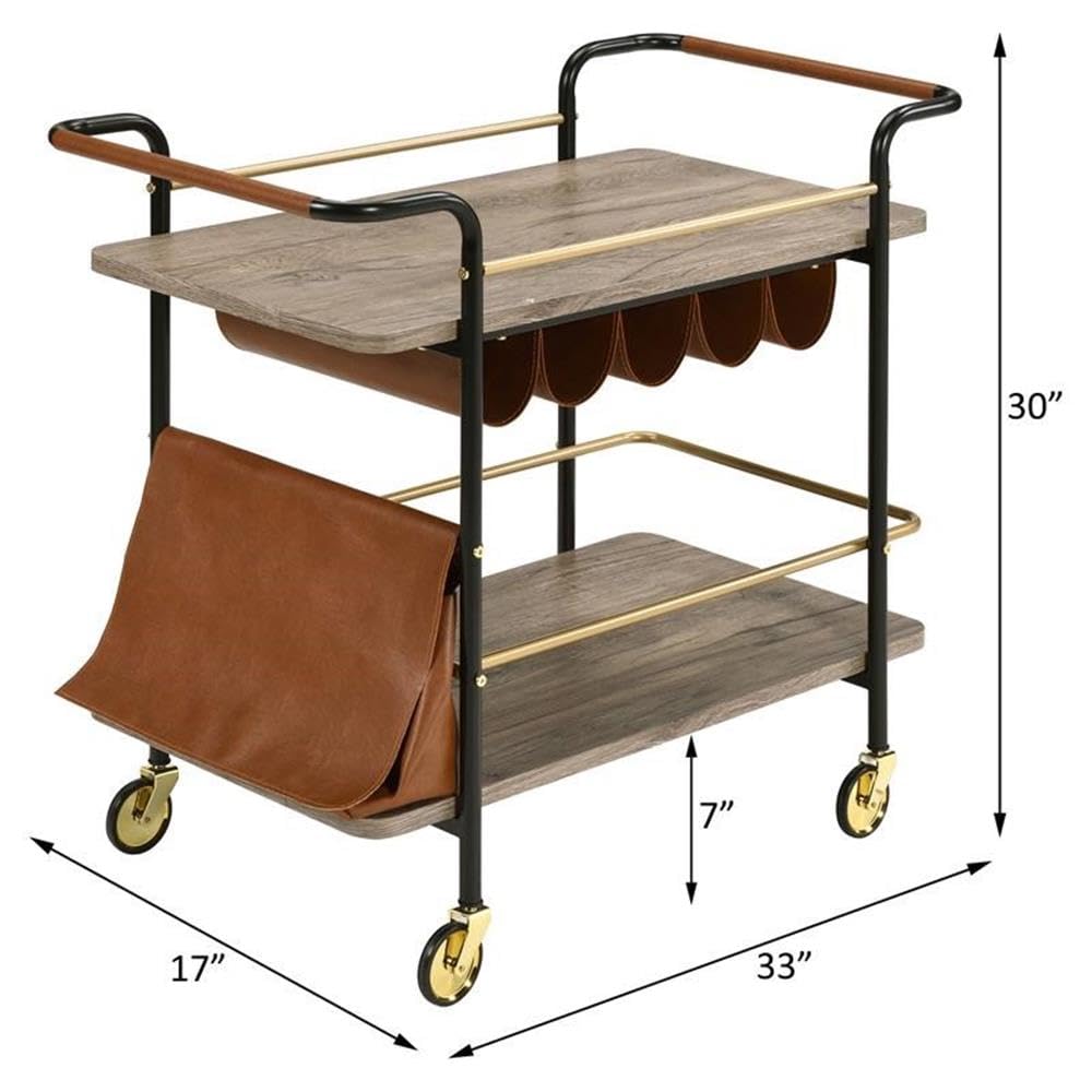 Acme Naude 2-Shelf Wood Serving Cart with Wheel in Gold and Black