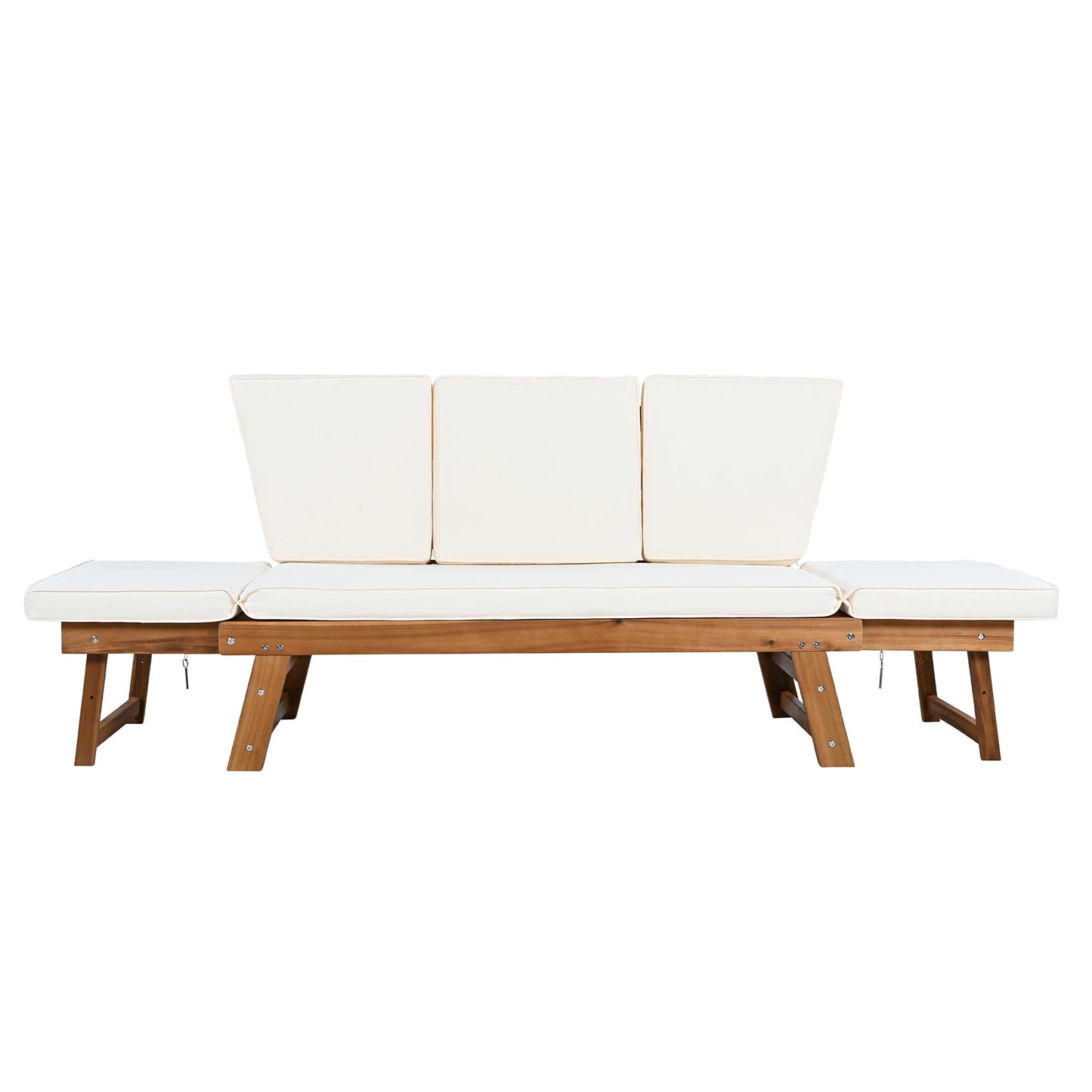 FAVSH Outdoor Adjustable Wooden Chaise Lounge, Patio 3 Seat Daybed Sofa Chairs with Cushions for Small Places,Backyard,Poolside,Natural+Beige