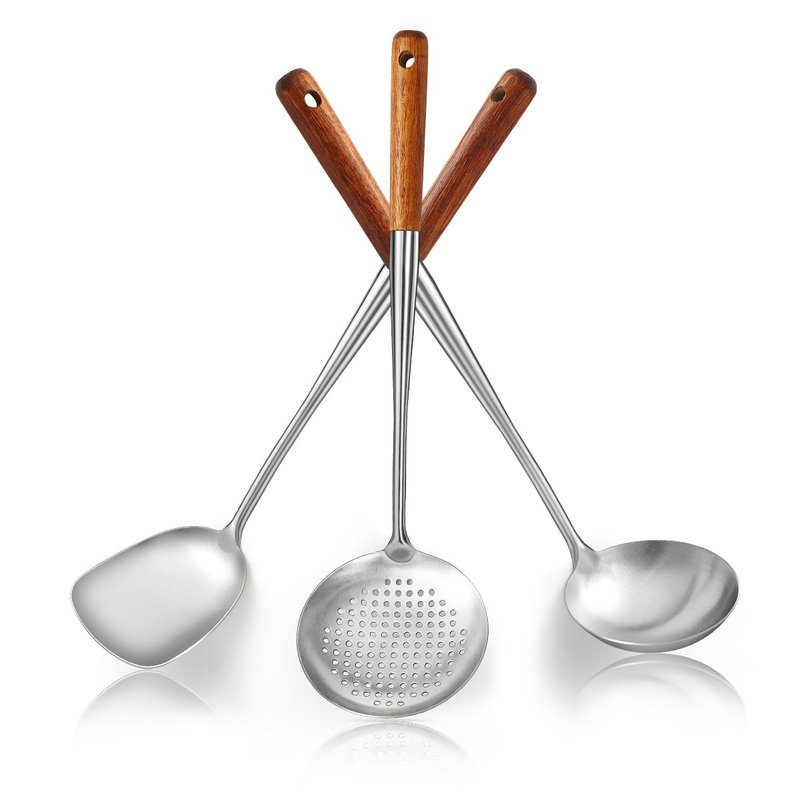 Evanda Wok Spatula Set 17", Heat Resistant Wood Handle Stainless Steel Wok Tools, Ladle, Metal Spatula, Kitchen Skimmer, Professional Kitchen Cooking Utensils Set, Wok Accessories Dishwasher Safe