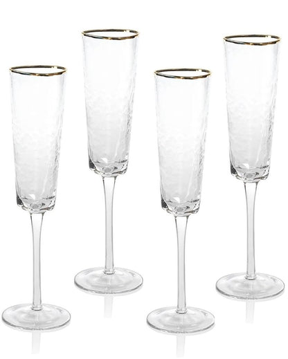 A CIVILIZED MAN Amalfi Hammered Triangular Glassware or Stemware with Gold Rims - Elegant Crystal Cocktail Glassware for Parties, Gifts & Home Bar - Sets of 4 (Champagne - S/4)