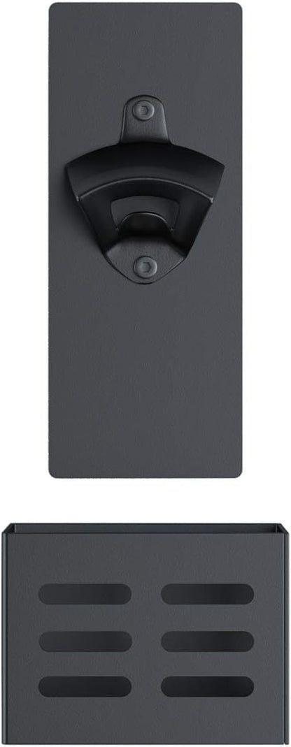 Magnetic Bottle Opener with Cap Catcher, Removable Wall Mounted Beer Opener for Kitchen Fridge (Black)
