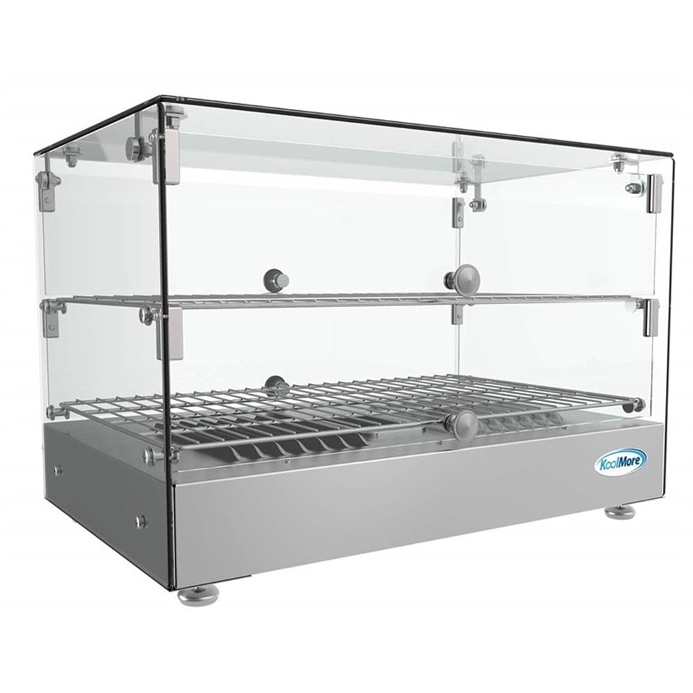 Pemberly Row Glass Countertop Display Warmer, 17 Cu. Ft., 22 in, Stainless Steel Frame, Silver Finish, Tempered Glass Panels, Self-Serve Double Doors, Adjustable Temperature Control 85-185°F for