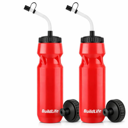 BuildLife 2 Pack Sports Water Bottle - Hockey Water Bottle with Long Straw and 2 lids (Straw and Squeeze) for Helmet Sports Hockey, Lacrosse, Football, Boxing, BPA Free,Dishwash Safe (Red)