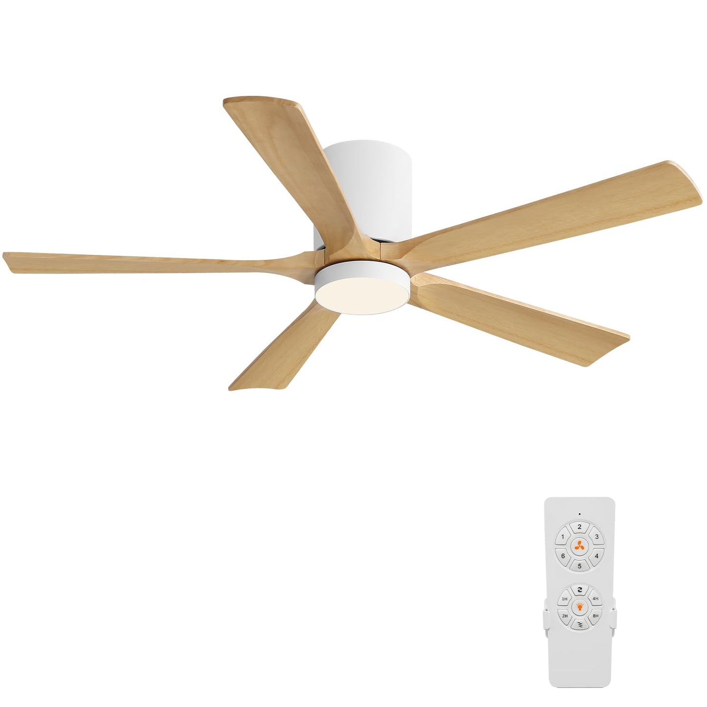 ELEHINSER 52 Inch Flush Mount Ceiling Fan with Lights, Low Profile Modern Ceiling Fan with Remote, Quiet DC Motor, 6-Speed, 3CCT,Timer, 5 Solid Wood Blades, White+Light Wood