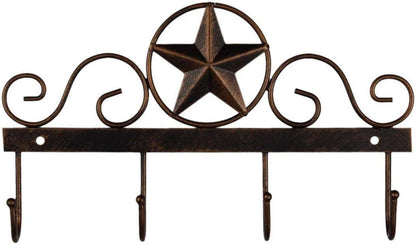 Metal Barn Star Key Rack Holder, Wall Mounted Decorative Key Holder with 4 Hooks, Dark Brown