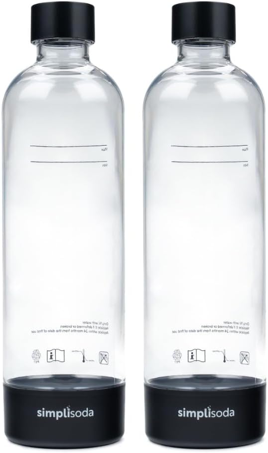 1L 2-Pack 2 Pack, Simpli Soda Carbonating Bottles, Reusable PET Sparkling Water Bottles Compatible with BLU, Philips