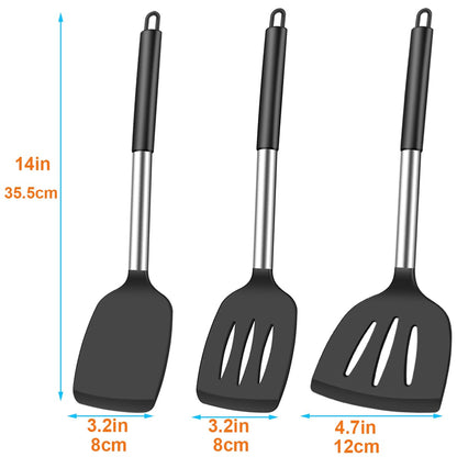 KLAQQED 3Pcs Silicone Spatula Set Heat Resistant Spatulas for Nonstick Cookware Fish Turner Plastic Spatulas Rubber Wok Spatula, Long Large Spatula Silicone Cooking Use Kitchen Utensils Set