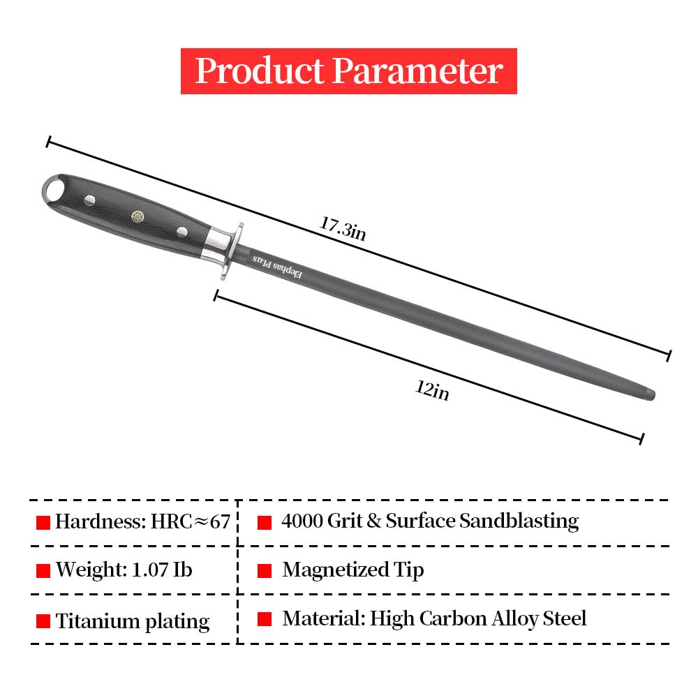 Elephas Plus 12 Inch Black Honing Rod, Sharpening Steel for Kitchen Knives Craftsman Selection Series Handle Design Knife Sharpener