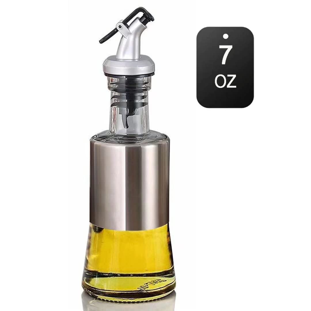 Mincham Olive Oil Dispenser - 7oz (200ml) Glass & Stainless Steel Oil & Vinegar Cruet with No-drip Spout & Pouring Funnel