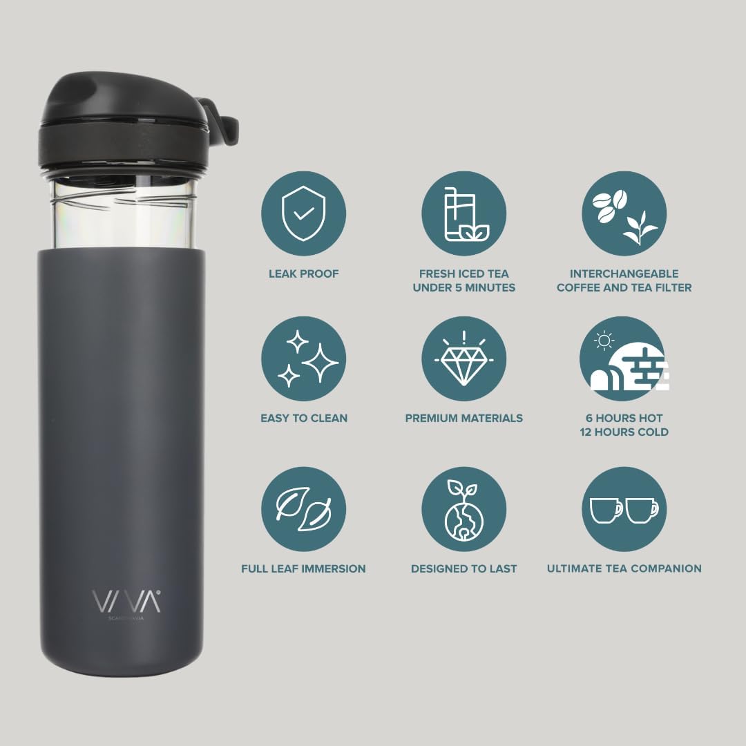 16 oz, VIVA Recharge Grey Insulated Tea & Coffee Mug & Travel French Press Coffee Maker, Brew & Drink From the Same