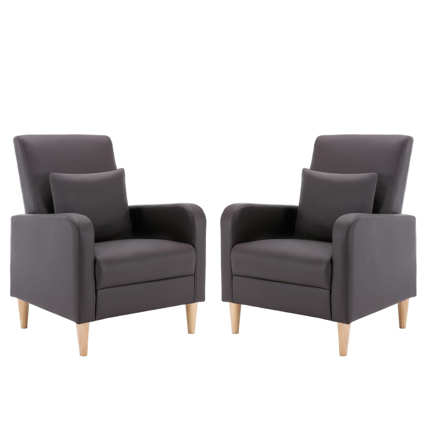 COLAMY Modern Accent Living Room Chairs Set of 2, Upholstered PU Leather Armchair Reading Side Chair, Single Sofa with Back Pillow and Wood Legs, Brown
