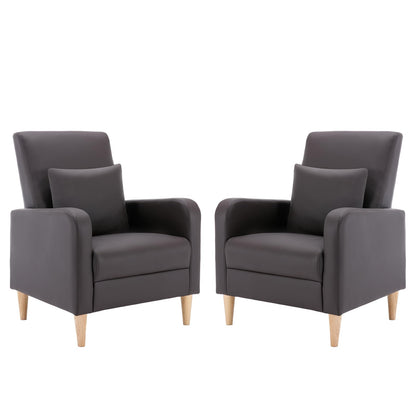 COLAMY Modern Accent Living Room Chairs Set of 2, Upholstered PU Leather Armchair Reading Side Chair, Single Sofa with Back Pillow and Wood Legs, Brown
